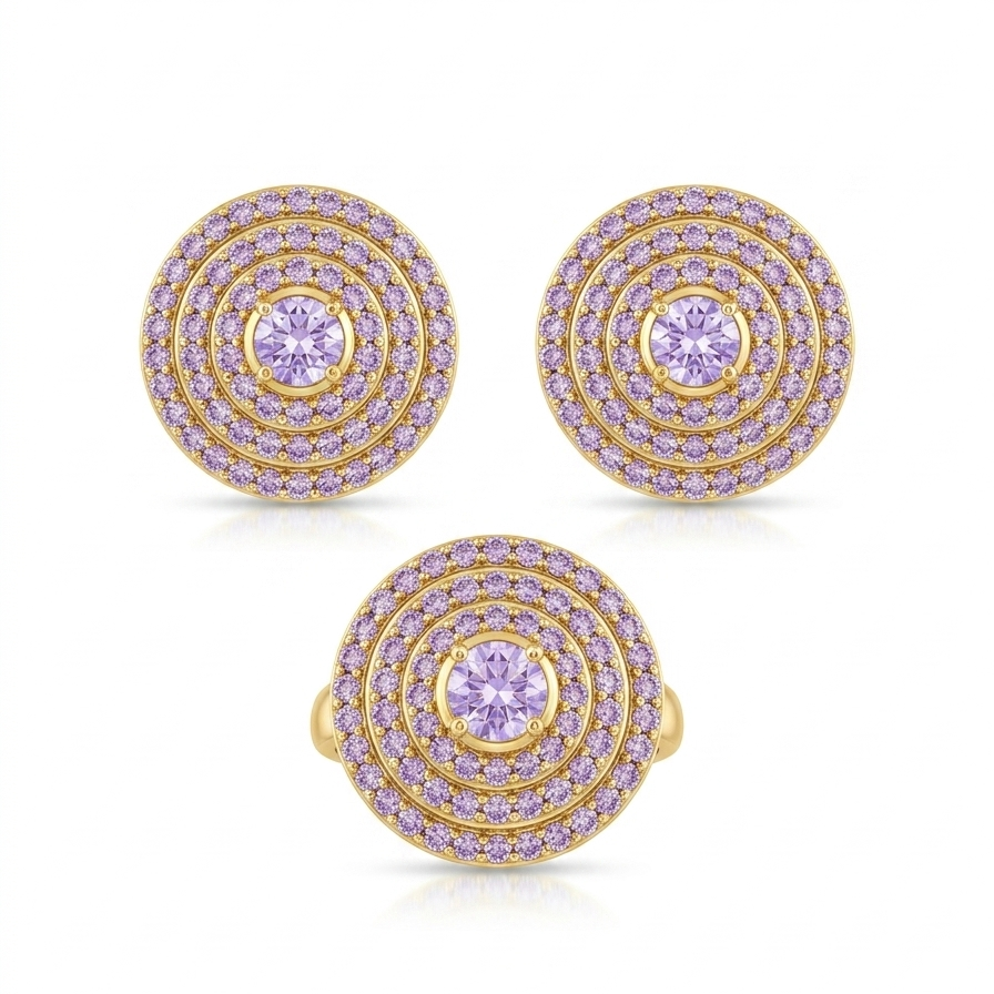 Lavender Purple CZ Concentric Halo Ring & Earrings Set