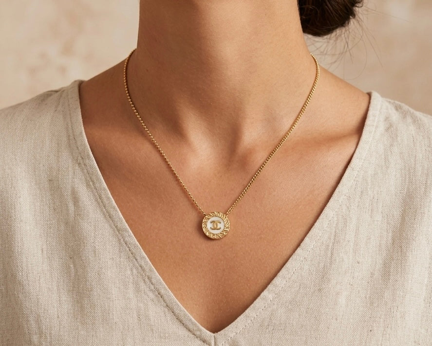 Pearl Logo Coin Pendant Necklace