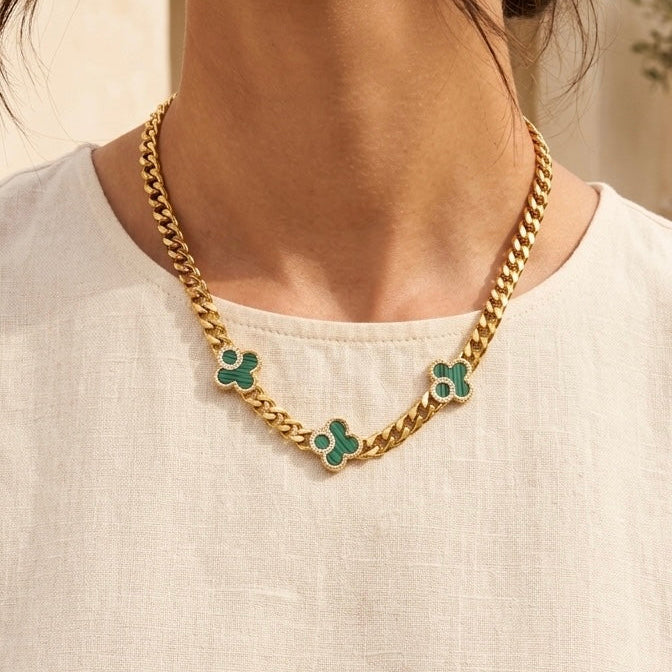 Malachite Clover Cuban Chain Necklace