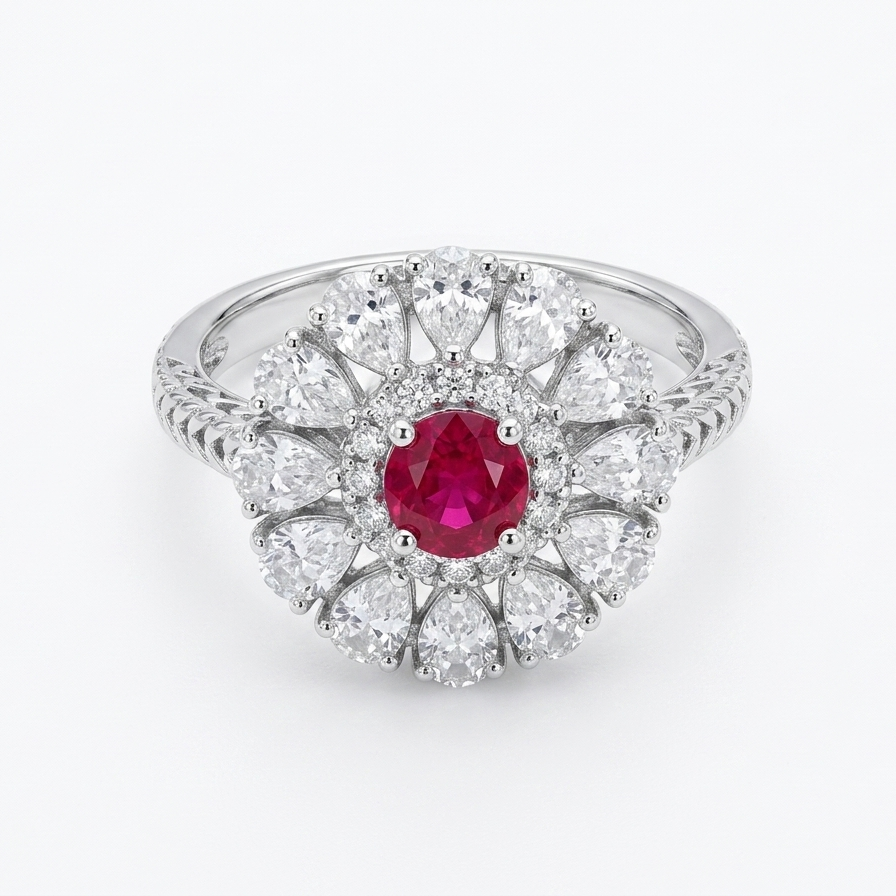 Vintage Floral Ruby Red CZ Halo Ring