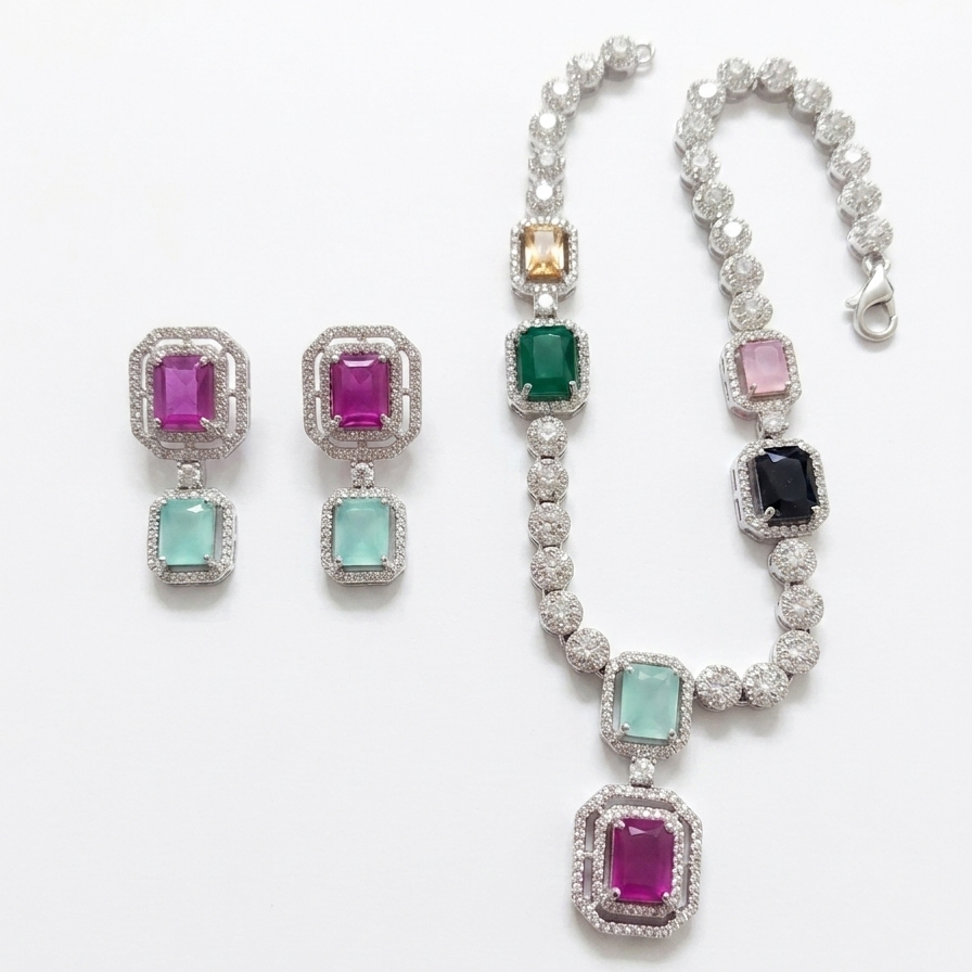 Multicolor Emerald-Cut CZ Jewellery Set