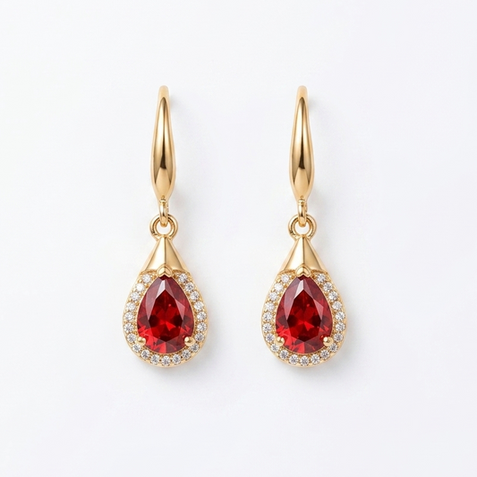 Ruby Teardrop Halo Hook Earrings