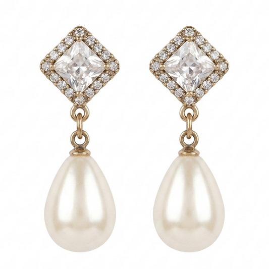 Diamond Halo Pearl Drop Earrings