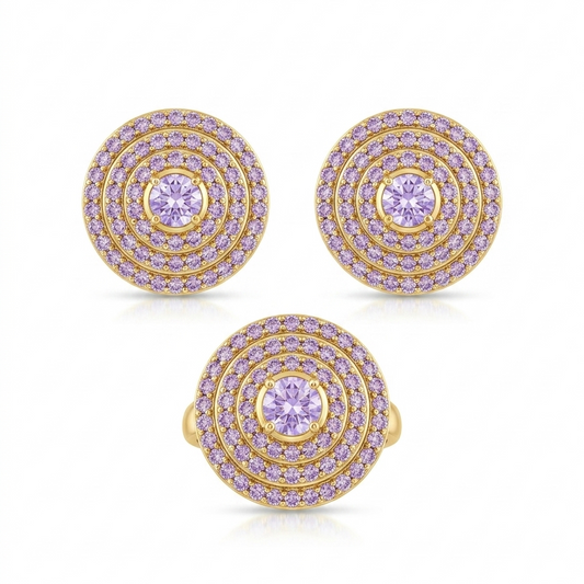 Lavender Purple CZ Concentric Halo Ring & Earrings Set