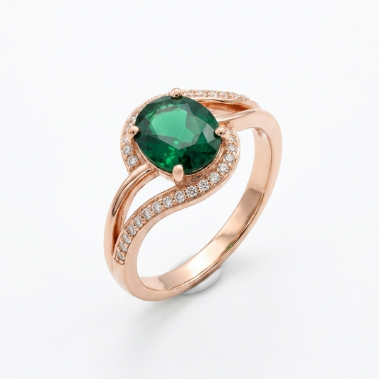 Emerald Green Oval CZ Swirl Halo Ring