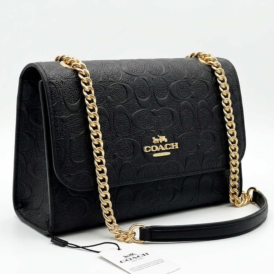 Coach Signature Embossed Leather Chain Bag — Black & Gold