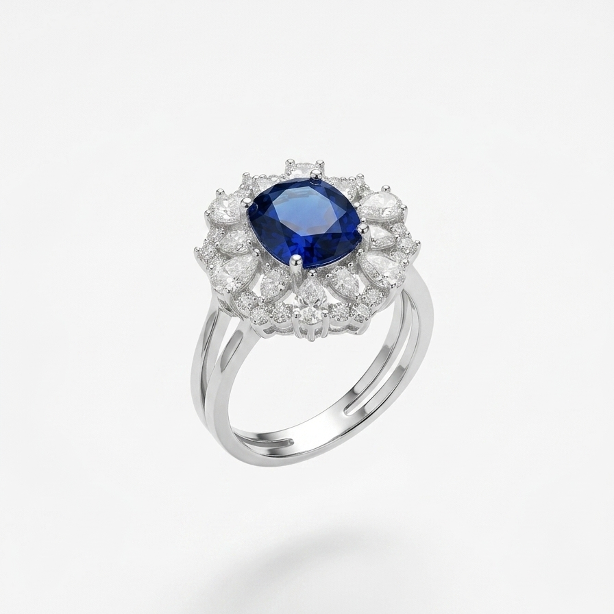 Royal Blue Sapphire Sunburst Halo Ring