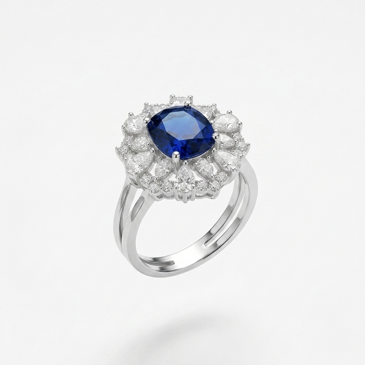 Royal Blue Sapphire Sunburst Halo Ring