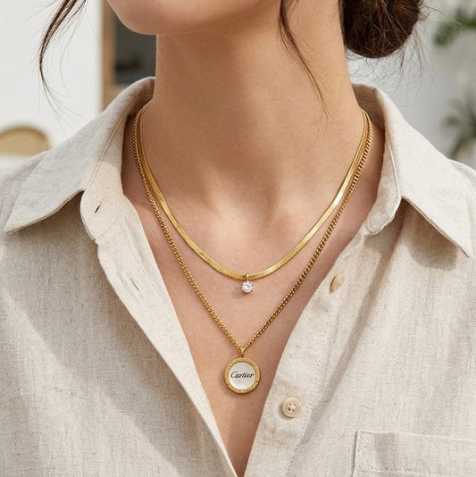 Layered Solitaire & Logo Coin Necklace Set