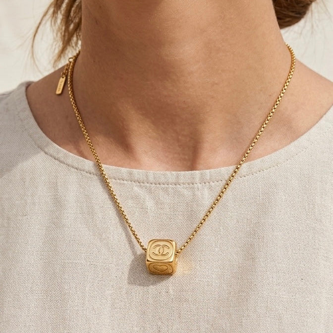 Gold Cube Logo Pendant Necklace