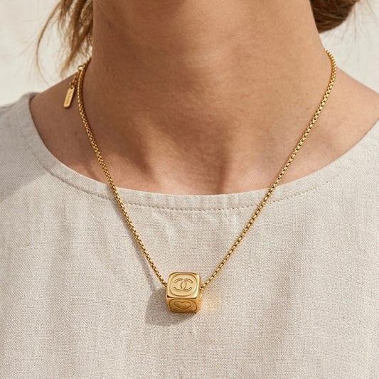 Gold Cube Logo Pendant Necklace