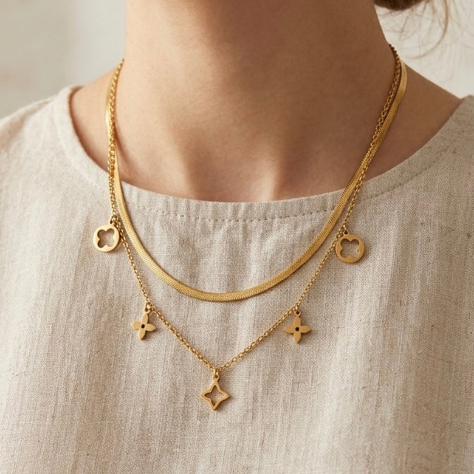 Layered Clover & Star Charm Necklace Set
