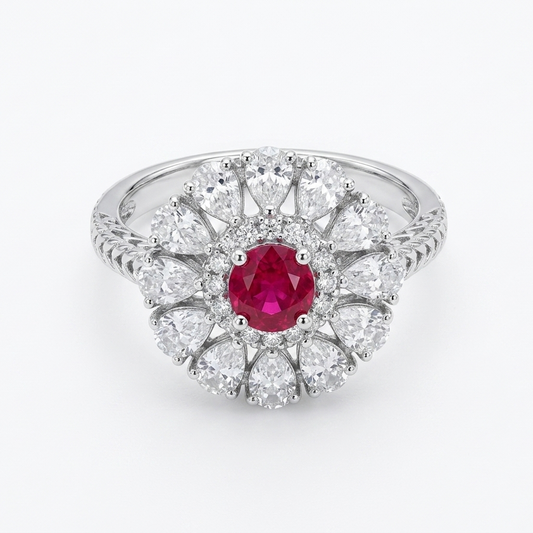 Vintage Floral Ruby Red CZ Halo Ring